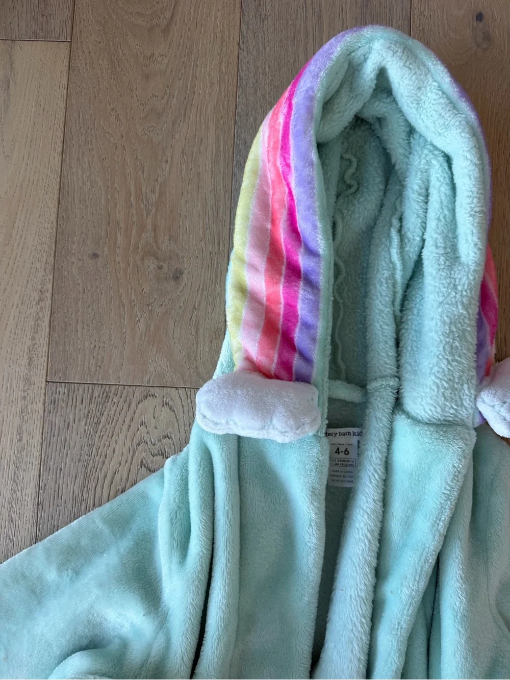 Pottery Barn Kids Mint Green Rainbow Hooded Fleece Bathrobe Size 4-6